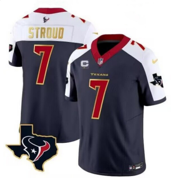Men's Houston Texans #7 C.J. Stroud Navy/White Gold 2024 F.U.S.E. With 1-Star C Patch Limited Stitched Jersey Men's Houston Texans #7 C.J. Stroud Navy/White Gold 2024 F.U.S.E. With 1-Star C Patch Limited Stitched Jersey